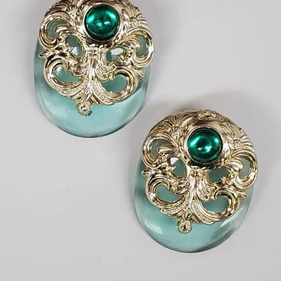 Etruscan Motif Acrylic and Gold-tone Earrings Large Statement - Picture 2 of 10